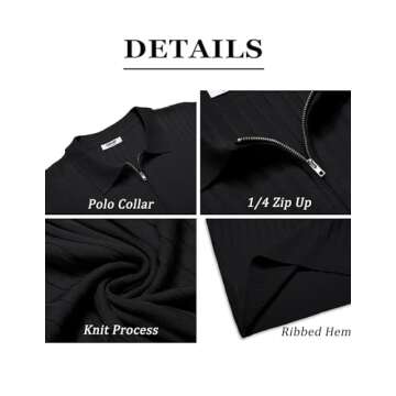 COOFANDY Men's Zipper Polo Shirts Short Sleeve Ribbed Knit Polo T Shirts Fashion Casual Golf Shirts Black
