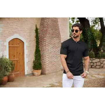 COOFANDY Men's Zipper Polo Shirts Short Sleeve Ribbed Knit Polo T Shirts Fashion Casual Golf Shirts Black