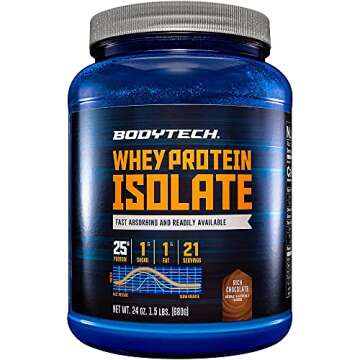 BodyTech Whey Protein Isolate Powder - with 25 Grams of Protein per Serving & BCAA's - Ideal for Pos...