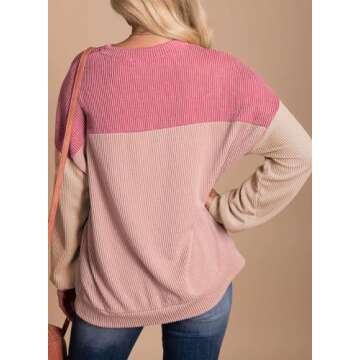 Dokotoo Women's Clothes Cute Round Neck Knitted Long Sleeve Color Block Pullover Fall Fashion Slim Waffle Knit Shirt Tops Casual Valentines Day Outfit Tunics Blouses Pink Small