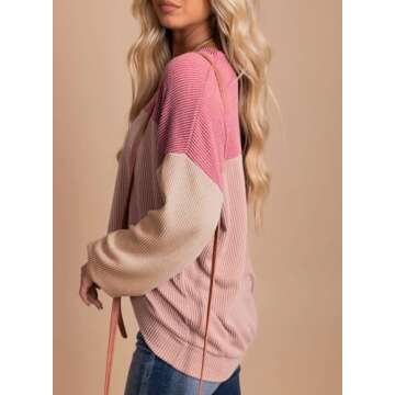 Dokotoo Women's Clothes Cute Round Neck Knitted Long Sleeve Color Block Pullover Fall Fashion Slim Waffle Knit Shirt Tops Casual Valentines Day Outfit Tunics Blouses Pink Small