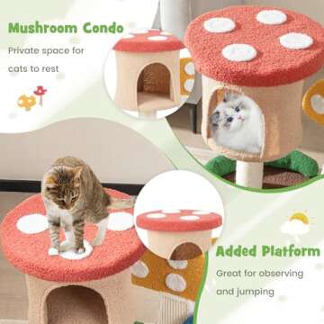 Tangkula Mushroom Cat Tree, Cute Cat Tower with Full-Wrapped Sisal Post, Scratching Board & Spring Ball, Cat Condo, Flower Cat Tree Tower for Indoor Cats Large Adult (23.5 Inch)