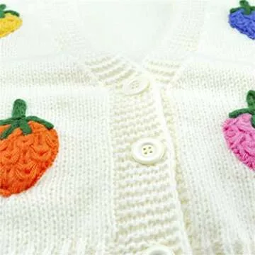 HOULENGS Women's Kawaii Strawberry Print Button Down Crop Cardigan Sweater Long Sleeve V Neck Sweater Coat White One Size
