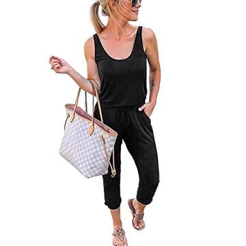 REORIA Women Summer Casual Sleeveless Tank Top Elastic Waist Loose Activewear Jumpsuit Rompers with Pockets Black Medium