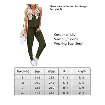 REORIA Women Summer Casual Sleeveless Tank Top Elastic Waist Loose Activewear Jumpsuit Rompers with Pockets Black Medium