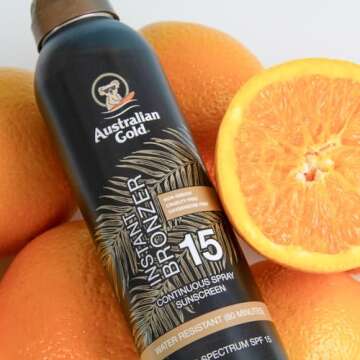 Australian Gold Continuous Spray Sunscreen with Instant Bronzer SPF 15, Immediate Glow & Dries Fast, Broad Spectrum, Water Resistant, Non-Greasy, Vegan and PETA Approved, Cocoa Dreams Scent, 6 Ounce