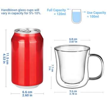 ecooe Espresso Cups 4 Oz Double Walled Glasses Coffee Mugs Set of 2, Clear Glass Coffee Cups with Ha...