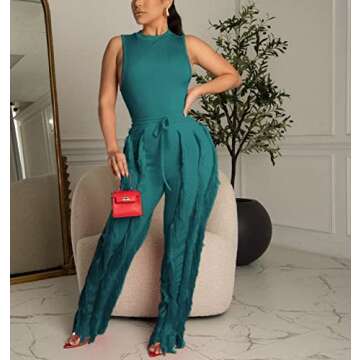 IyMoo Two Piece Outfits for Women Fall Winter - Lounge Sets 2 Workout Sleeveless Tank Tops Bodycon Long Pants Set Sweatsuits Drawstring Waist Fringe Tassel Tracksuits Green, S
