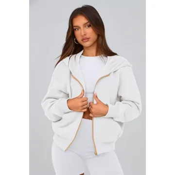 PRETTYGARDEN Women's Zip Up Hoodie Sweatshirt Y2K Fall Fashion Clothes Long Sleeve Loose Fit Pockets Casual Trendy Jacket (White,Large)