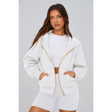 PRETTYGARDEN Women's Zip Up Hoodie Sweatshirt Y2K Fall Fashion Clothes Long Sleeve Loose Fit Pockets Casual Trendy Jacket (White,Large)