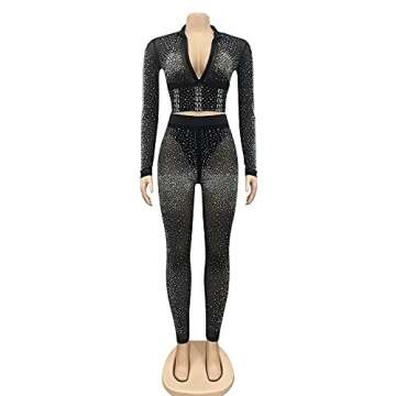 Womens Sexy 2 Pieces Mesh Rhinestone Crop Tops Shirts Bodycon Pants Party Clubwear Tracksuit Outfits Set(black,L)