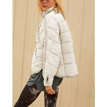 Bianstore Women's Oversized Splice Quilted Lightweight Puffer Jacket Casual Padded Coat (Khaki-Mediu...