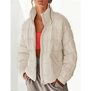 Bianstore Women's Oversized Splice Quilted Lightweight Puffer Jacket Casual Padded Coat (Khaki-Medium)