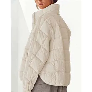 Bianstore Women's Oversized Splice Quilted Lightweight Puffer Jacket Casual Padded Coat (Khaki-Medium)