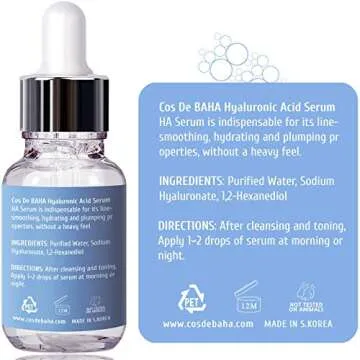 Cos De BAHA Pure Hyaluronic Acid Serum - Moisturizer, Natural Collagen Plumping Booster, Anti Wrinkle Formula, Drop of Youth, Increase Skin Hydration, Korean Skin Care, 1fl-oz