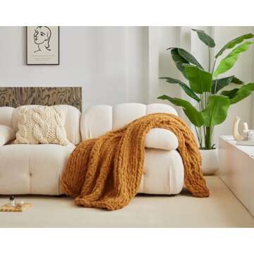 Longhui bedding Handmade Chunky Knit Blankets, Luxurious Chenille Cable Knit Throw Blanket Yarn for Couch Sofa and Bed, Ultra Soft Decorative Burnt Orange Christmas Blanket, Machine Washable 51 x 63