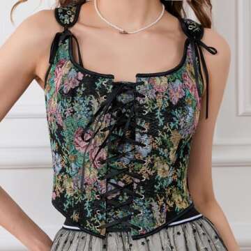 Bowanadacles Women Vintage Floral Camisole Flower Embroidery Pattern Tight Vest Drawstring Tie-up Tank Top Suspender Corset