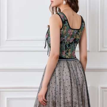 Bowanadacles Women Vintage Floral Camisole Flower Embroidery Pattern Tight Vest Drawstring Tie-up Tank Top Suspender Corset