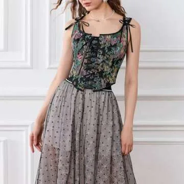 Bowanadacles Women Vintage Floral Camisole Flower Embroidery Pattern Tight Vest Drawstring Tie-up Tank Top Suspender Corset