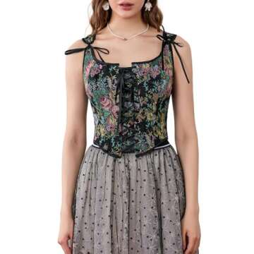Bowanadacles Women Vintage Floral Camisole Flower Embroidery Pattern Tight Vest Drawstring Tie-up Tank Top Suspender Corset