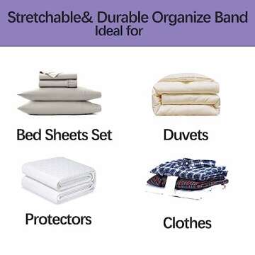 Siaomo Bed Sheet Organizer Bands, Sheet Set Storage Size Marking Bands, Elastic Bedding Sheet Straps Wraps for Organizing Linen Closet（Queen 4PCs | Purple）