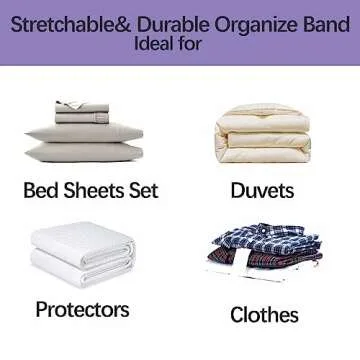 Siaomo Bed Sheet Organizer Bands, Sheet Set Storage Size Marking Bands, Elastic Bedding Sheet Straps Wraps for Organizing Linen Closet（Queen 4PCs | Purple）