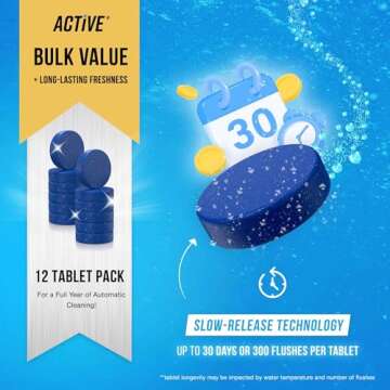 ACTIVE Automatic Toilet Bowl Cleaner Tablets Blue Gel Toilet Tank Cleaners, Septic-Safe Hard Water Ring Stain Remover, Smell Eliminator Heavy Duty Toilet Cleaning & Deodorizer, Fresh Scent - 12 Tabs