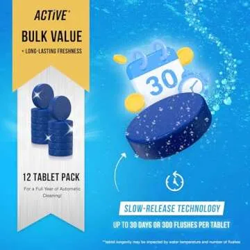 ACTIVE Automatic Toilet Bowl Cleaner Tablets Blue Gel Toilet Tank Cleaners, Septic-Safe Hard Water Ring Stain Remover, Smell Eliminator Heavy Duty Toilet Cleaning & Deodorizer, Fresh Scent - 12 Tabs