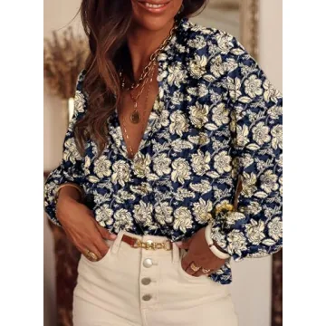 SHEWIN Womens Fall Tops 2025 Trendy Casual Boho Floral Blouses V Neck Long Sleeve Shirts Bohemian Tops for Women, XL, Blue