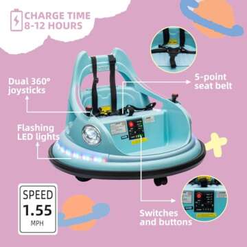 OKYBABY 12V Bumper Car for Kids, Bumper Car for Toddlers W/Remote Control, Electric Ride On Car with LED Lights & 360 Degree Spin, Bluetooth, Anti-Collision Padding 5-Point Safety Belt, (Blue)