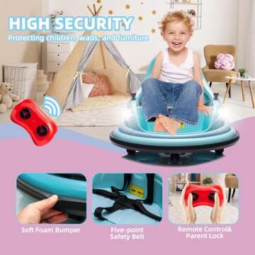 OKYBABY 12V Bumper Car for Kids, Bumper Car for Toddlers W/Remote Control, Electric Ride On Car with LED Lights & 360 Degree Spin, Bluetooth, Anti-Collision Padding 5-Point Safety Belt, (Blue)