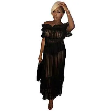 Women Sexy Lace Off Shoulder Mesh See Through Long Pleated Maxi Dress Club Party Gown Black