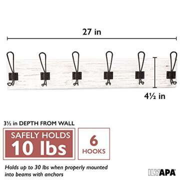Ilyapa White Coat Rack Wall Mount - Wood Wall Mount with Hooks, 6 Metal Hooks - for Hats, Coats, Kit...