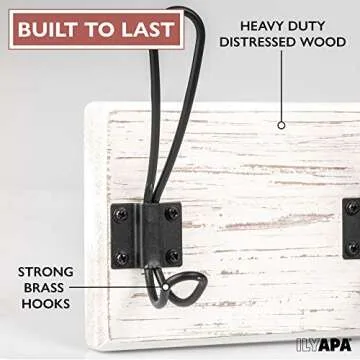 Ilyapa White Coat Rack Wall Mount - Wood Wall Mount with Hooks, 6 Metal Hooks - for Hats, Coats, Kitchen, Bedroom, and More - Weathered White