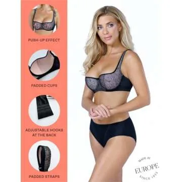 Rosme Women's Balconette Bra with Push Up Effect – Plus Size Sexy Lace Demi Half Cup Bra – Lightly Padded Underwired Low Cut Mesh Design Grand, Black, Size 36G