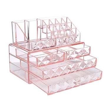 Ikee Design Pink Diamond Pattern Jewelry & Cosmetic Storage Display Boxes Two Pieces Set.