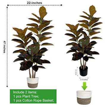 BESAMENATURE 47" Artificial Rubber Tree Plant - Ficus Tree - Faux Tropical Tree for Home Office Decoration, Red, with Cotton Rope Basket
