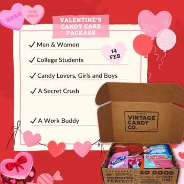 VINTAGE CANDY CO. Valentines Day 2025 Care Package – Vday Gift Basket with Chocolate Hearts, Kisses, Snacks & Sweet Treats – Fun and Unique Gift Idea for Women, College Students, Men