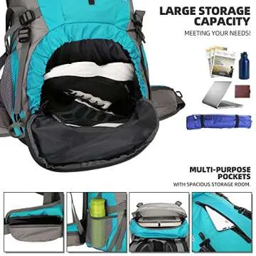 King'sGuard 70L Hiking Backpack Large Lightweight Waterproof Camping Backpack Travel Backpacking Backpack Daypack with Rain Cover -Frameless (Lake Blue)