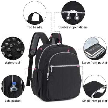 DOKUDOKU Small Nylon Backpack Mini Casual Daypack Lightweight Backpack for Women (BLACK)