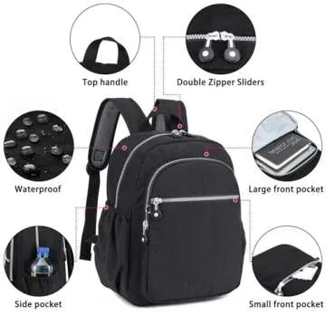 DOKUDOKU Small Nylon Backpack Mini Casual Daypack Lightweight Backpack for Women (BLACK)