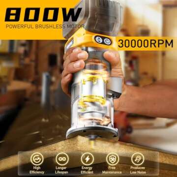 Cordless Compact Router for DeWalt 20V Battery (Bare Tool), 6 Variable Speeds Router Tool for Woodwo...