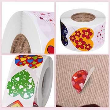 Valentines Day Stickers, 1000PCS 1.5” Heart Stickers with 16 Designs, Round Roll Self Adhesive Heart Shaped Seals Decals for Valentine's Day, Anniversaries, Wedding