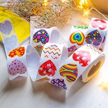 Valentines Day Stickers, 1000PCS 1.5” Heart Stickers with 16 Designs, Round Roll Self Adhesive Heart Shaped Seals Decals for Valentine's Day, Anniversaries, Wedding