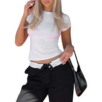 Basic Fitted Short Sleeve Tees for Women Solid Slimming Dupes Shirt Y2k Skinny Tops Summer Going Out Workout Clothing