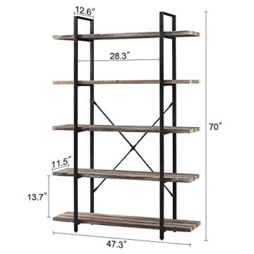 HOMISSUE Bookshelf, 5 Tier Industrial Bookcase, 70" Tall Bookshelves and Book Case with 5 Shelf, Rustic Storage Rack with Display Shelves for Bedroom Living Room Office, Retro Brown