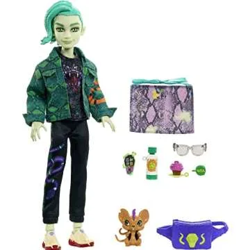 Monster High Deuce Gorgon Doll in Signature Look with Denim Snake Jacket & Accessories, Pet Mouse Perseus