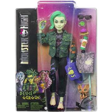 Monster High Deuce Gorgon Doll in Signature Look with Denim Snake Jacket & Accessories, Pet Mouse Perseus
