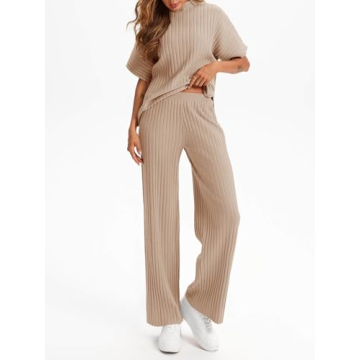 Tankaneo Womens Sweater Sets 2 Piece Outfits Knit Mock Neck Tops and Elastic Waist Pants Sets Casual Loungewear Set Khaki