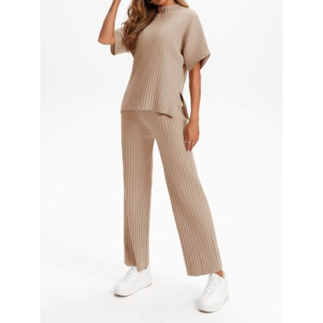 Tankaneo Womens Sweater Sets 2 Piece Outfits Knit Mock Neck Tops and Elastic Waist Pants Sets Casual Loungewear Set Khaki